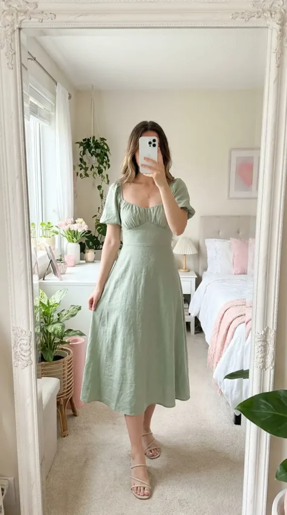 Casual Outdoor Pre-Wedding Outfit Ideas: sage green puff-sleeve midi dress with nude strappy sandals
