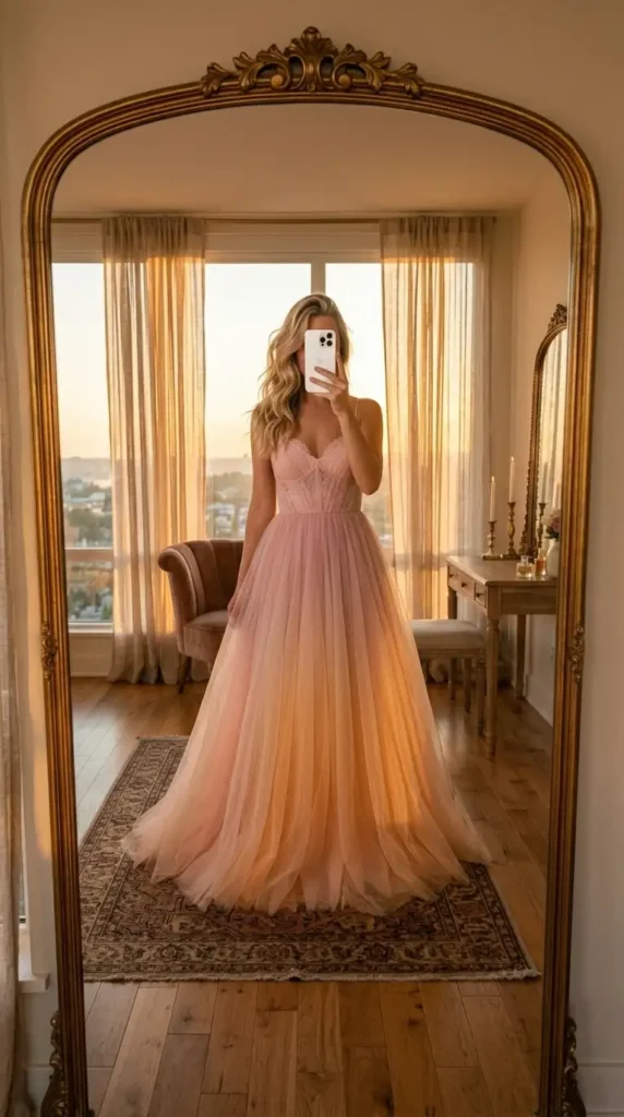 Pastel pink-to-peach ombré tulle ballgown — a sunset-inspired ethereal wedding outfit idea