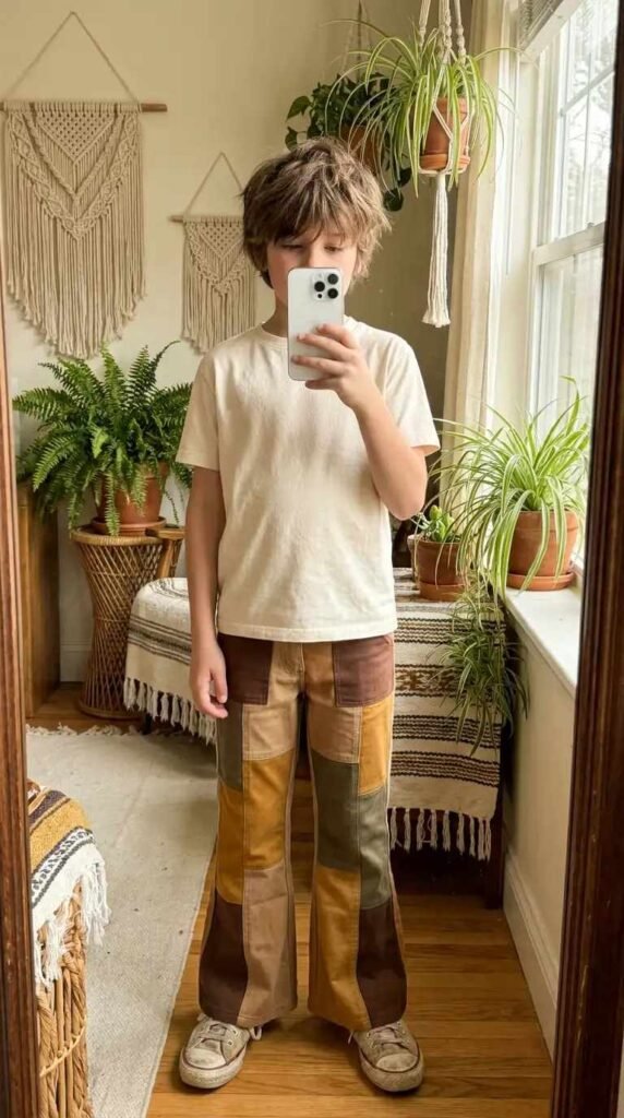 70s Outfit Ideas for Boys: cream solid tee paired with patchwork flared pants in earthy tones of mustard, olive, and brown.