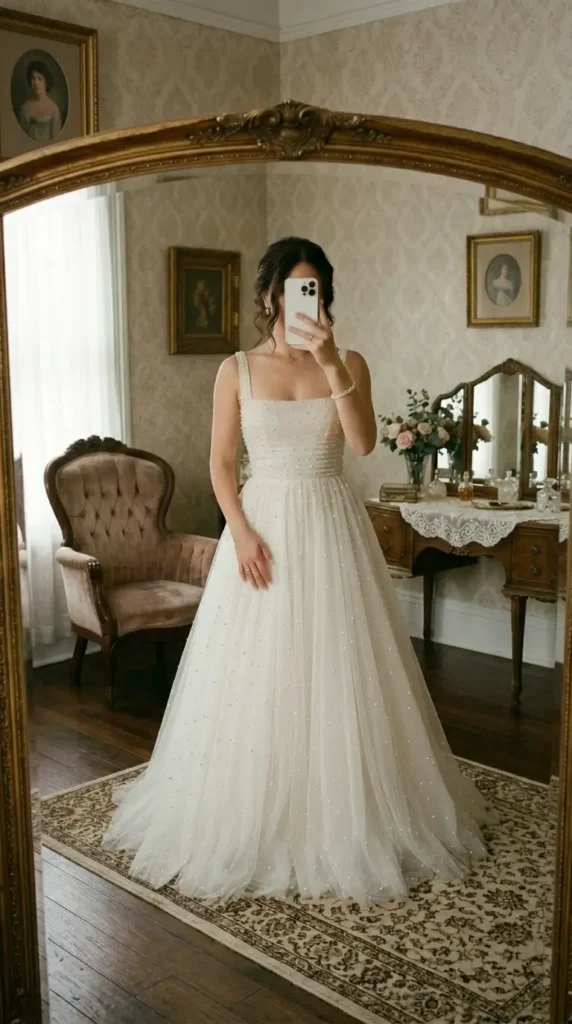 Pearl-dusted ivory tulle A-line ballgown — a delicate and classic ethereal wedding outfit idea
