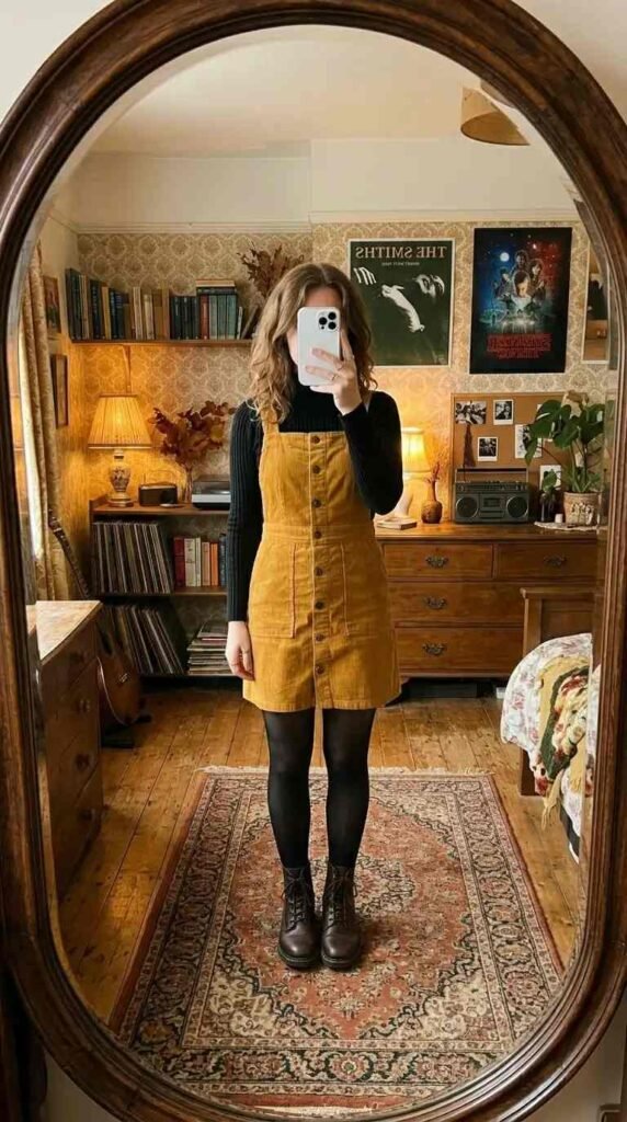 Mustard corduroy pinafore over black turtleneck with combat boots fits right into Stranger Things 80s Eleven world.
