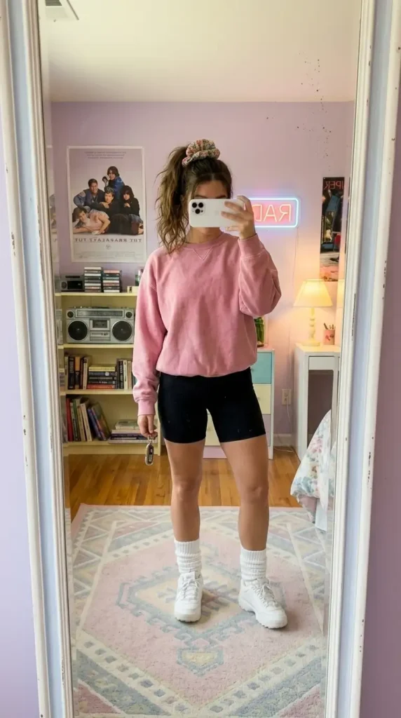 This pink sweatshirt and bike shorts combo is among the easiest Stranger Things outfit ideas 80s Eleven to copy.
