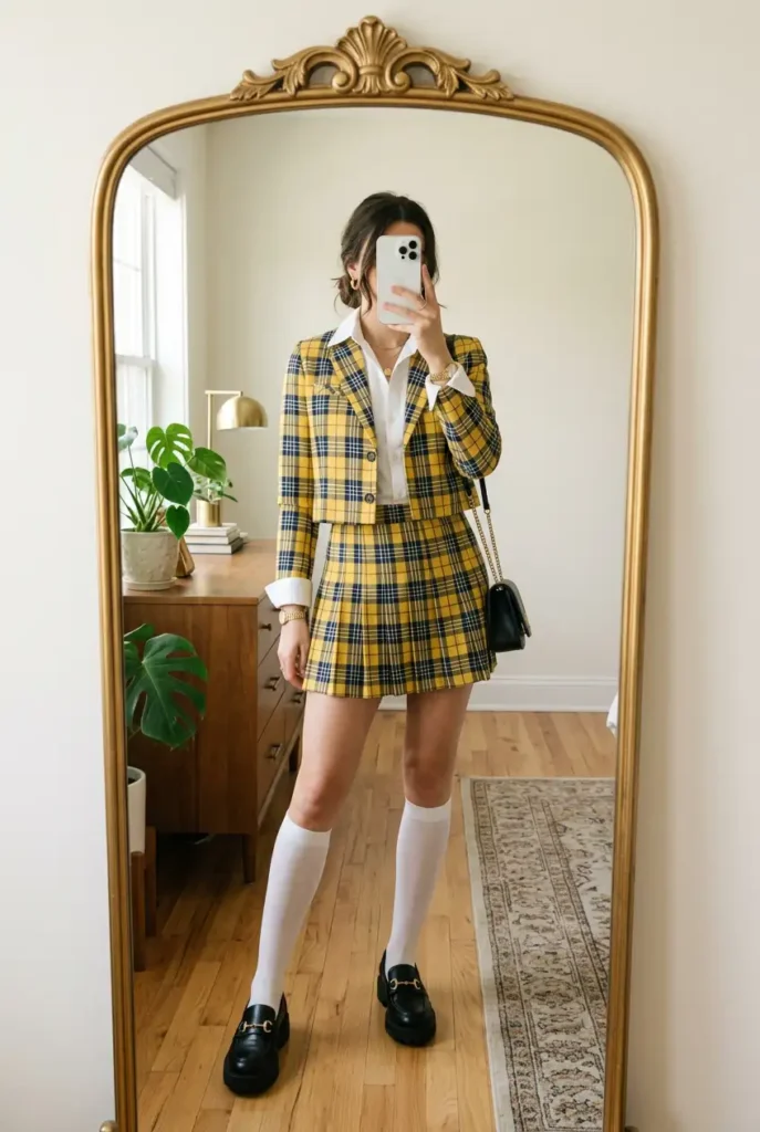 Plaid Mini Skirt Set in yellow with white shirt, knee socks, and loafers — preppy 90s Outfit Ideas for Women.