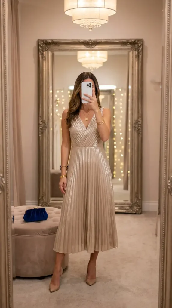 Wedding guest outfit ideas: champagne pleated metallic midi dress with nude pumps and gold jewelry.