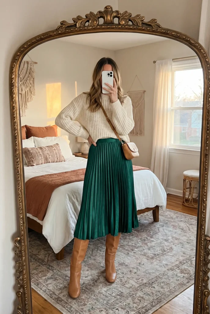 Green pleated skirt with cream knit sweater – a cozy Family Birthday Outfit Idea for Women