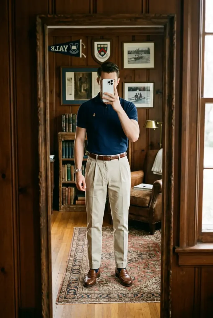 Polo shirt tucked into pleated trousers — a preppy 90s style outfit idea for men blending smart and casual wear
