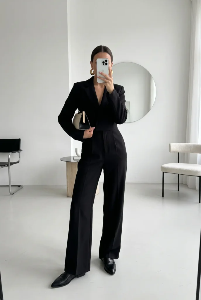 All-black wide-leg jumpsuit with blazer – a sleek Family Birthday Outfit Idea for Women