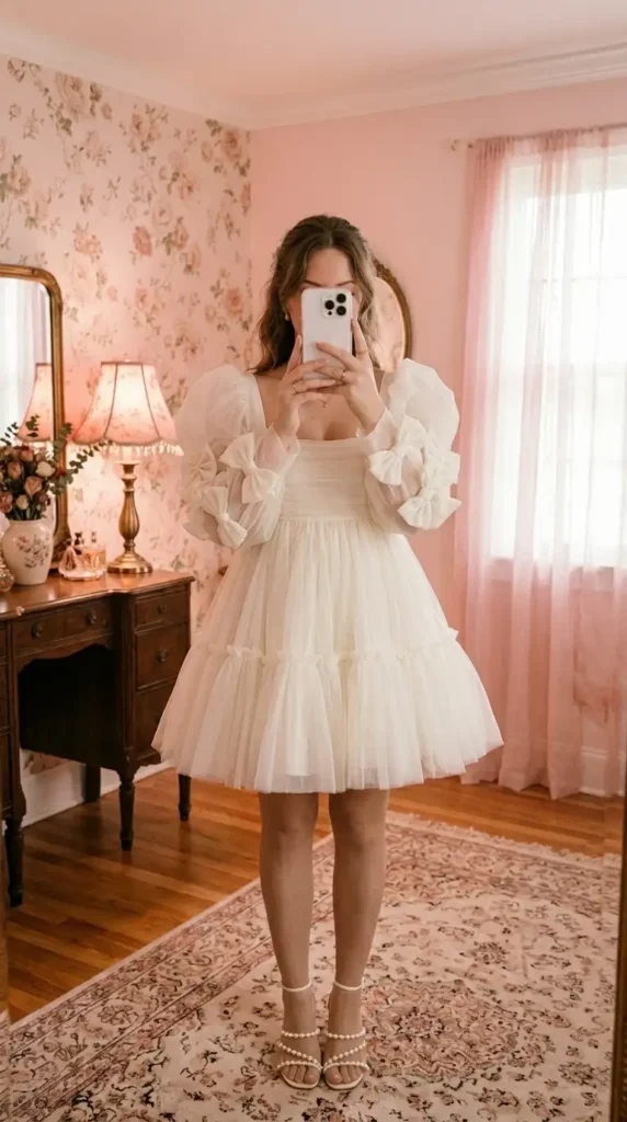 White puff-sleeve mini dress with bow details and tulle skirt — cute ethereal wedding outfit idea