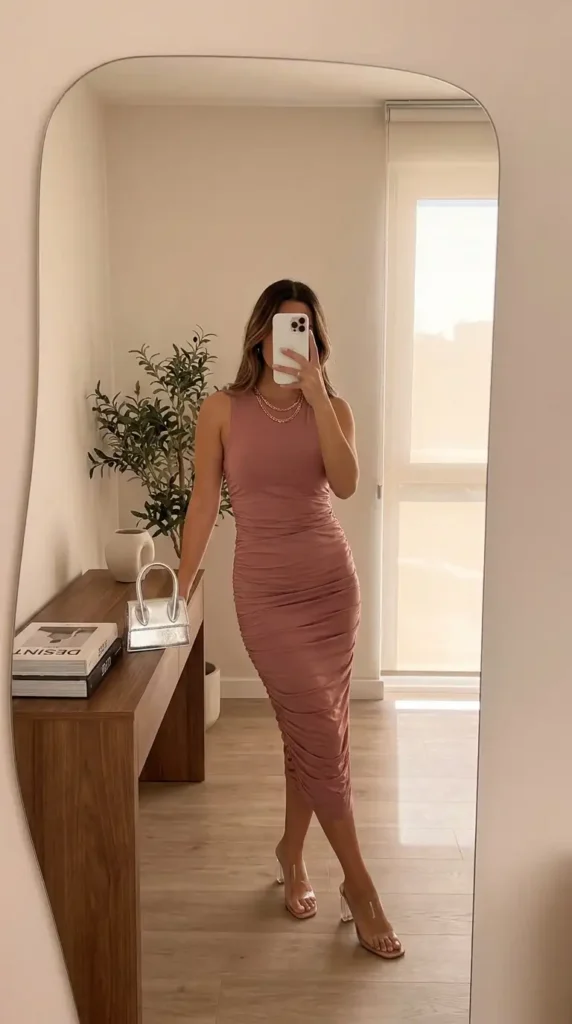 Wedding guest outfit ideas: dusty rose ruched bodycon midi dress with clear heels, mirror selfie.
