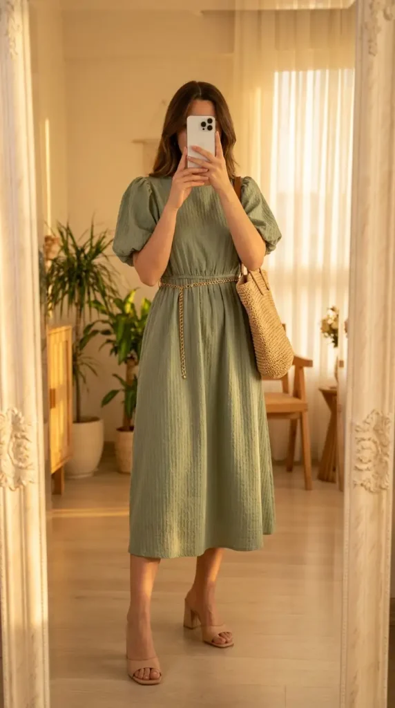 Wedding guest outfit ideas: sage green puff sleeve midi dress with chain belt and woven bag.