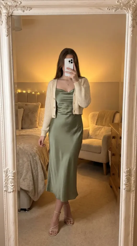 Summer Birthday Outfit Ideas for Teens: sage green satin slip dress with cream knit cardigan & nude heels