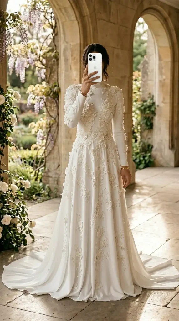 Long-sleeve white gown with 3D floral appliqués — a garden-inspired ethereal wedding outfit idea
