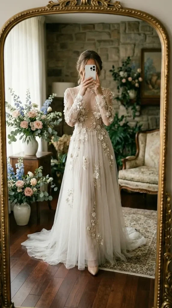 Sheer tulle gown adorned with 3D floral embroidery — a romantic ethereal wedding outfit idea