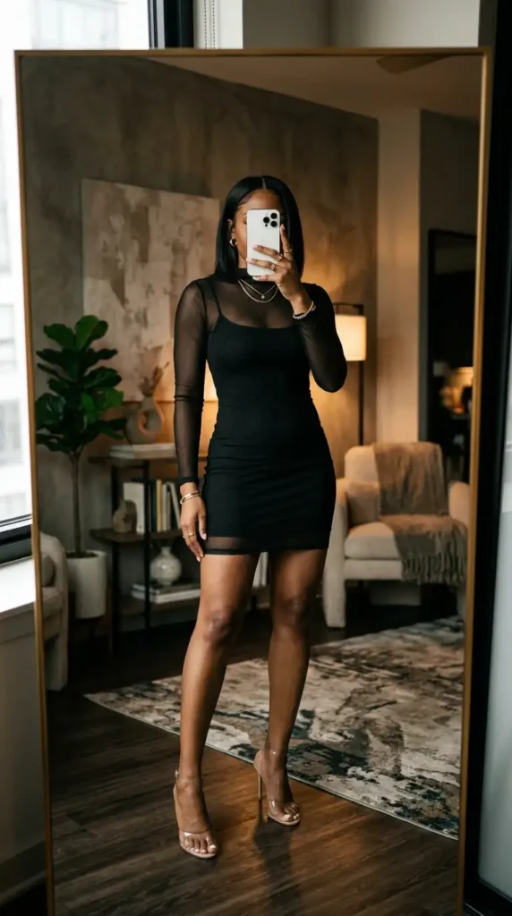 Stylish Black woman wearing sheer mesh mini dress over black underlayer with clear heels, mirror selfie. Black Women Baddie Outfit Ideas.