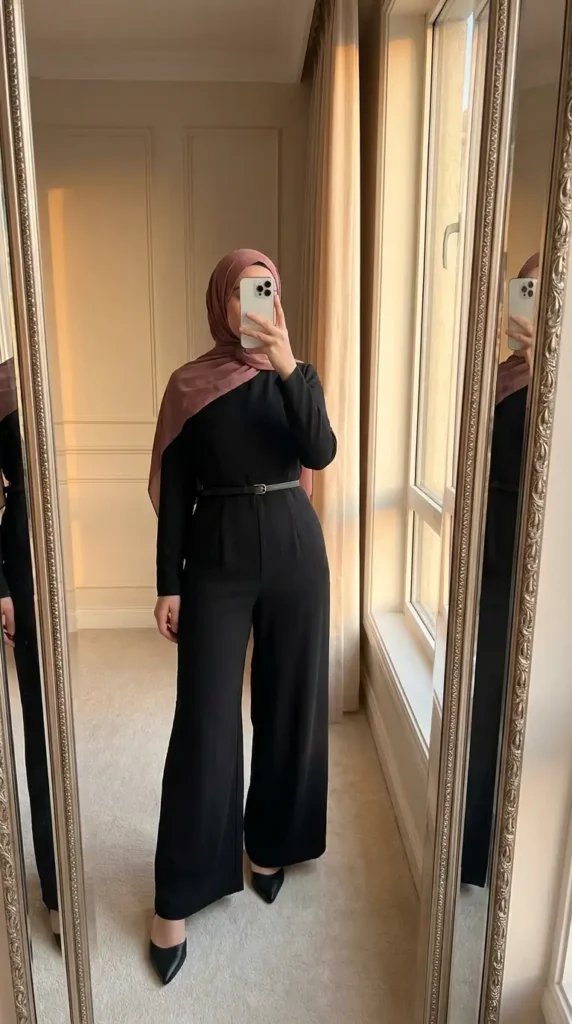 
Sleek black belted wide-leg jumpsuit with pointed heels — black outfit ideas for women with hijab