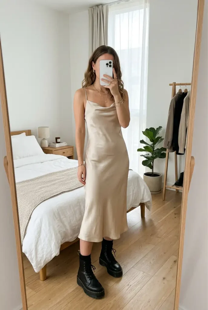 Slip Dress and Chunky Boots in champagne satin with lace-up combat boots — elegant 90s Outfit Ideas for Women.
