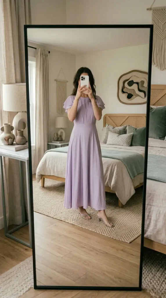 Soft lavender flutter-sleeve maxi dress — an understated ethereal wedding outfit idea for bridesmaids