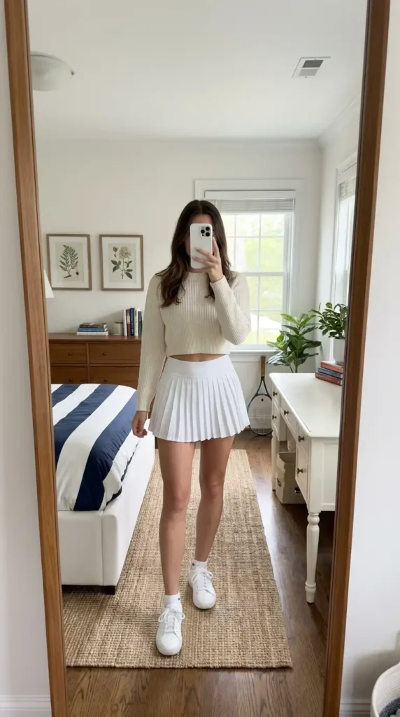 Casual Outdoor Pre-Wedding Outfit Ideas: cropped cream sweater with white pleated tennis skirt and sneakers