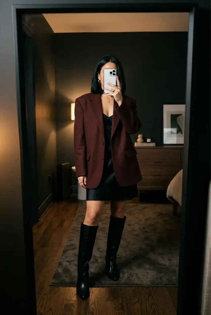 Burgundy blazer over black slip dress – a bold Family Birthday Outfit Idea for Women