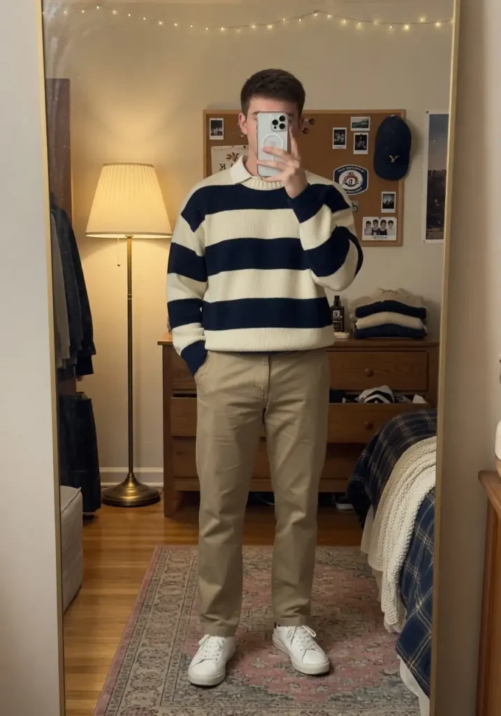Navy striped sweater over khaki chinos and white sneakers — a clean, collegiate 90s style outfit idea for men.
