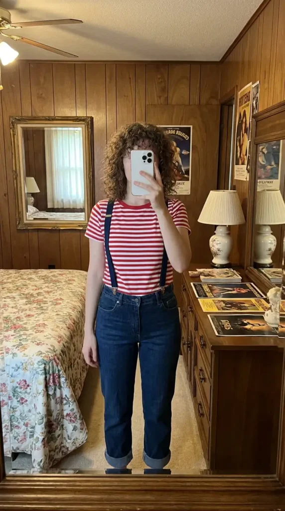 Navy suspenders over a red striped tee with cuffed jeans showing what makes Stranger Things 80s Eleven outfits stand out.
