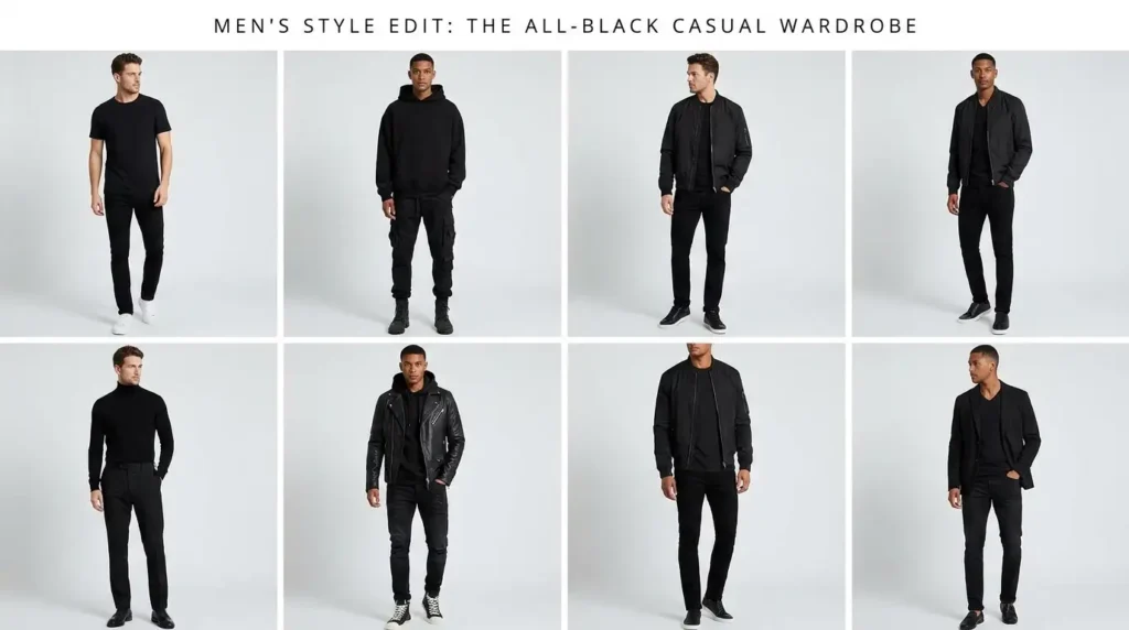 Casual black men outfit ideas style grid featuring 8 all-black looks from tees to blazers and leather jackets.