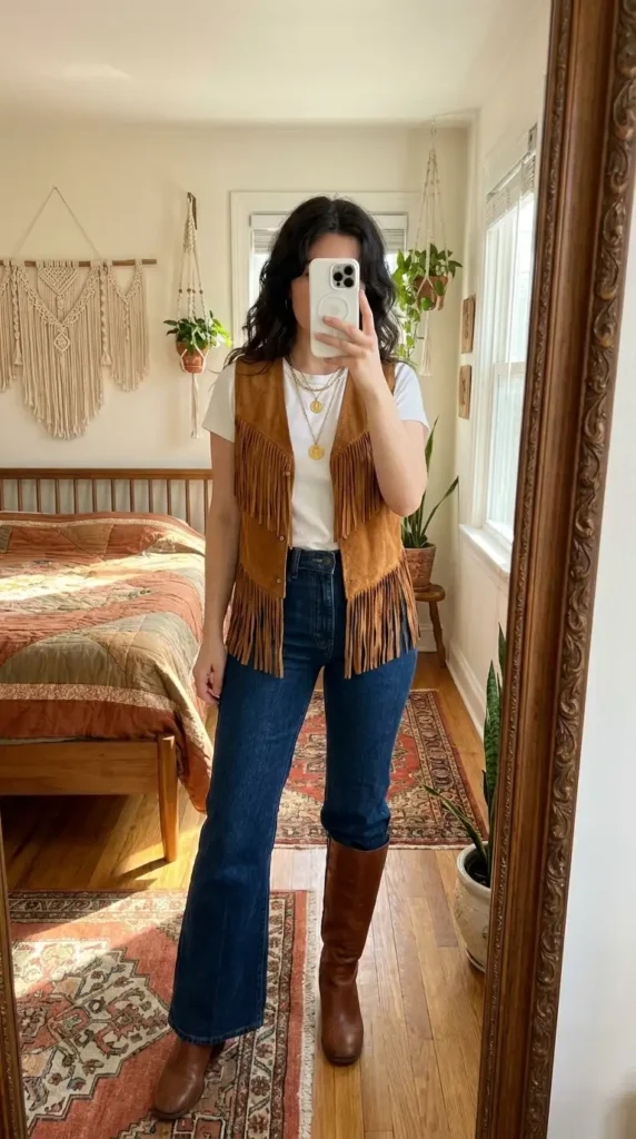 Dreamy 70s Boho Outfit Ideas: tan suede fringe vest over a white tee, with flare jeans and tall brown boots.