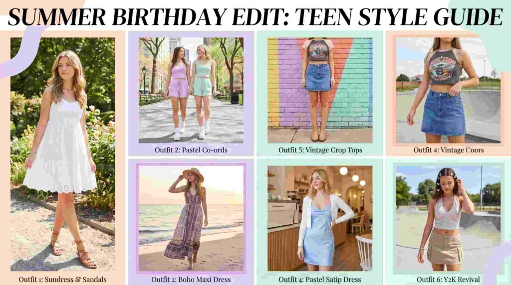 Summer Birthday Outfit Ideas for Teens style guide collage featuring 7 trendy summer birthday looks