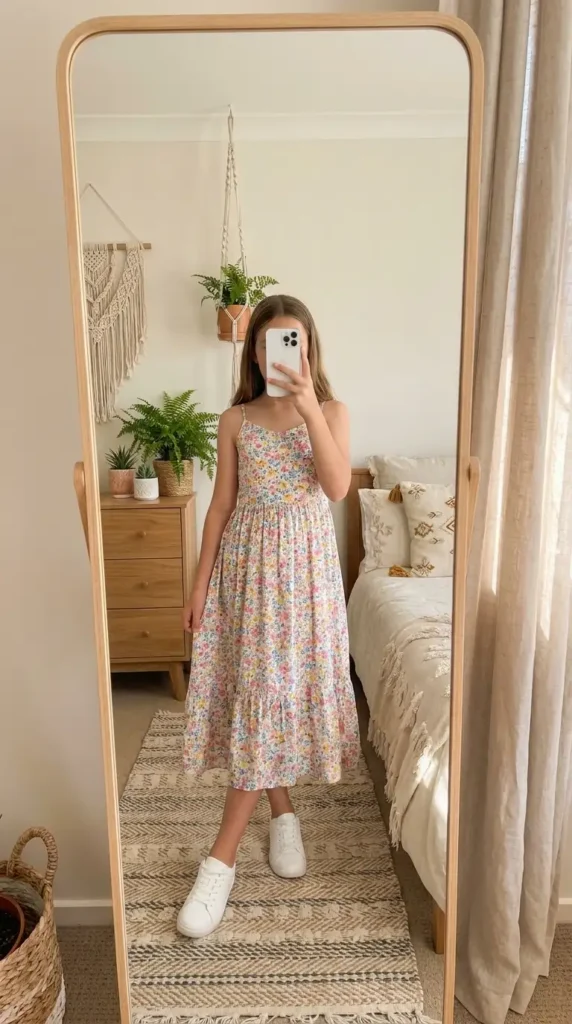Casual Outdoor Pre-Wedding Outfit Ideas: colorful floral spaghetti-strap sundress paired with white sneakers