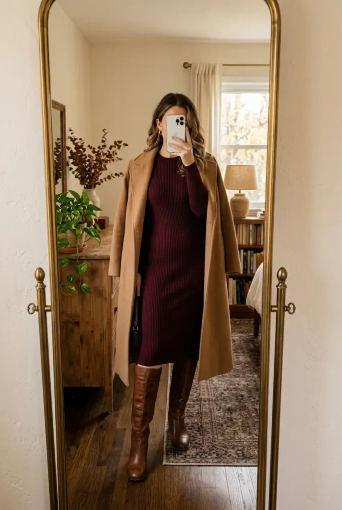 Burgundy sweater dress with camel coat and tall boots – Family Birthday Outfit Idea for Women