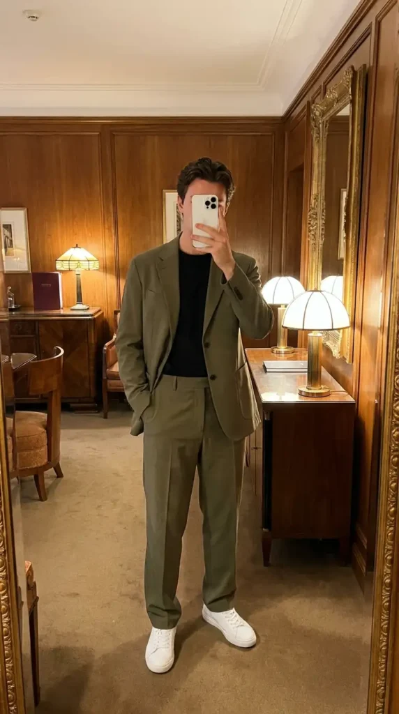 Olive tailored suit with a black tee and white sneakers — a sharp no-tie 90s style outfit idea for men done right