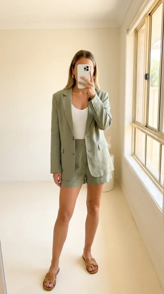 Sage green shorts blazer set with sandals – a fresh Family Birthday Outfit Idea for Women