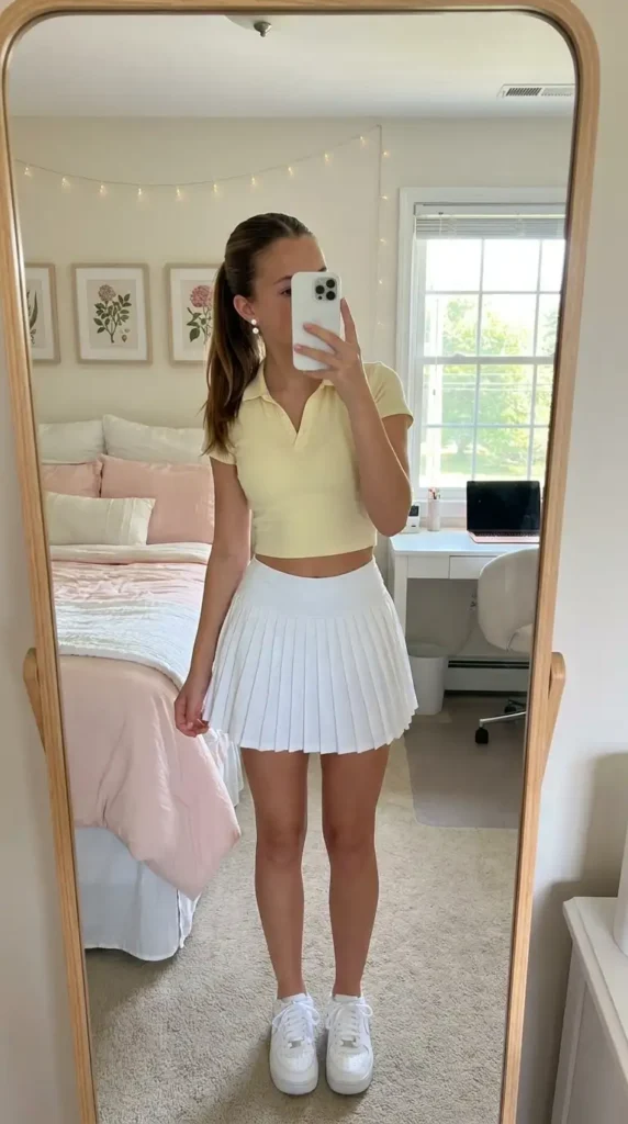 Summer Birthday Outfit Ideas for Teens: yellow polo crop top, white pleated tennis skirt & white sneakers