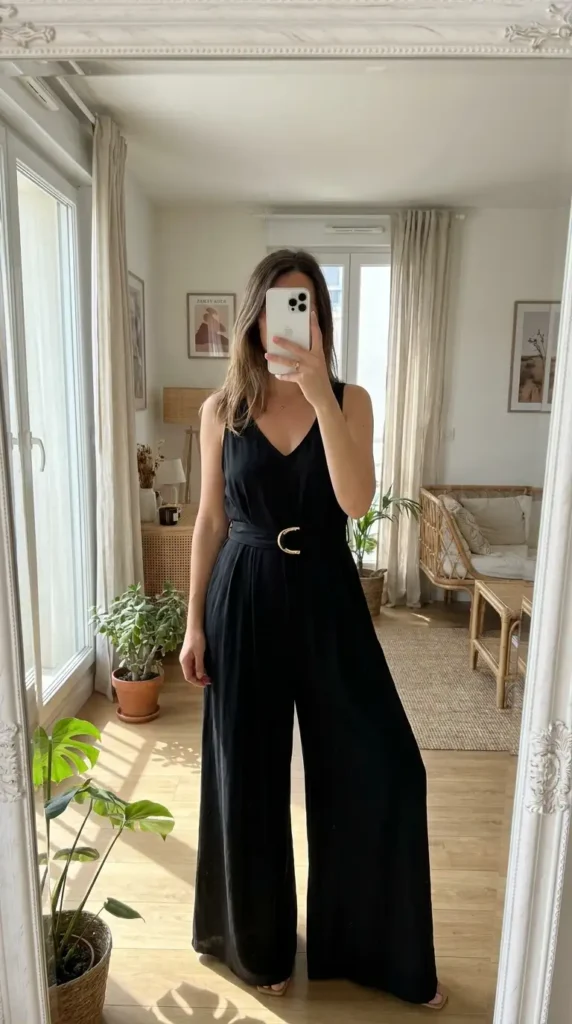 Black classy wedding guest jumpsuit summer with belted waist and wide palazzo legs.
