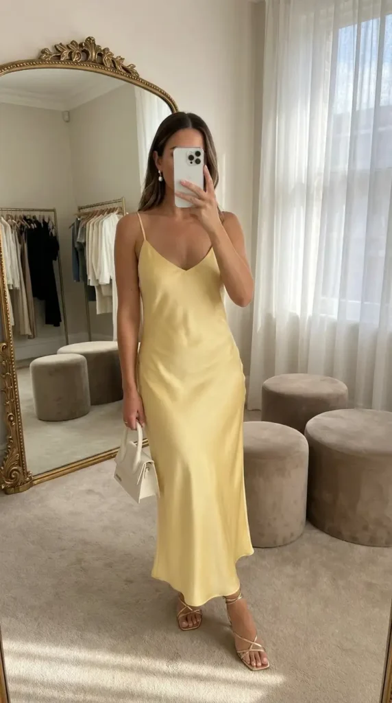Wedding guest outfit ideas: buttery yellow satin slip maxi dress with strappy gold sandals.
