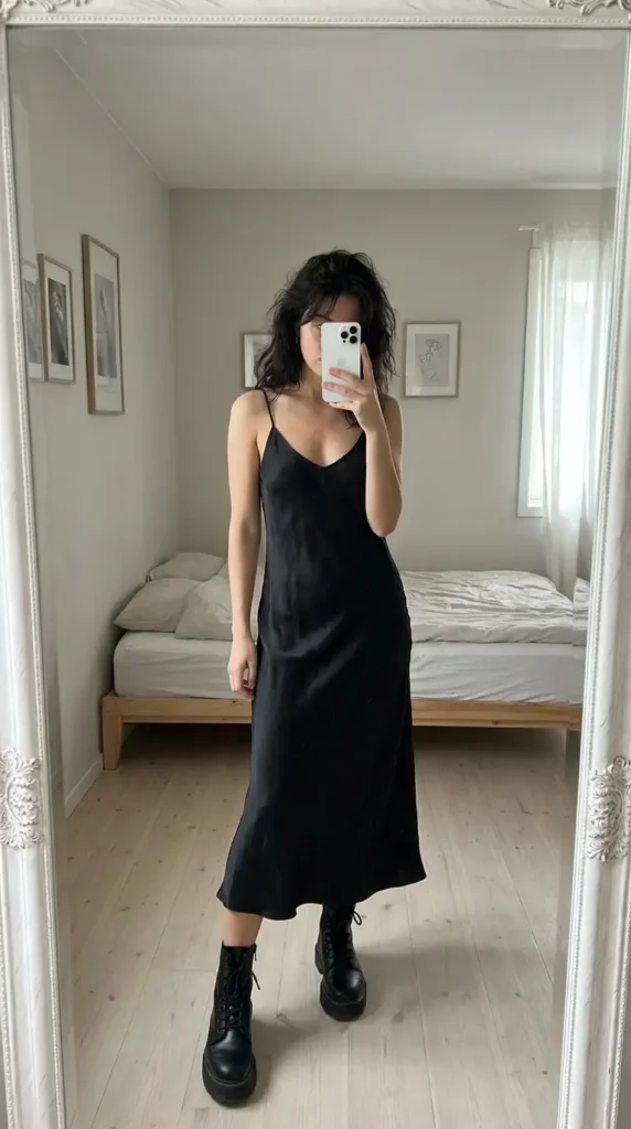 Black concert outfit ideas for women: satin black slip midi dress paired with chunky lace-up combat boots