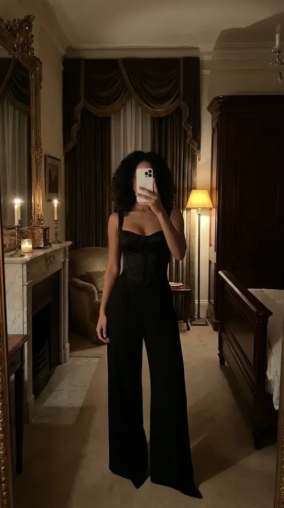 Black classy wedding guest jumpsuit summer with structured corset bodice and wide legs.
