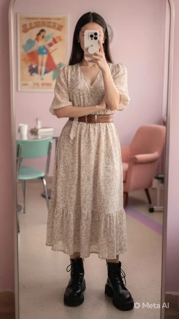 Belted floral midi dress with black platform boots puts a rebellious spin on Stranger Things 80s Eleven fashion.
