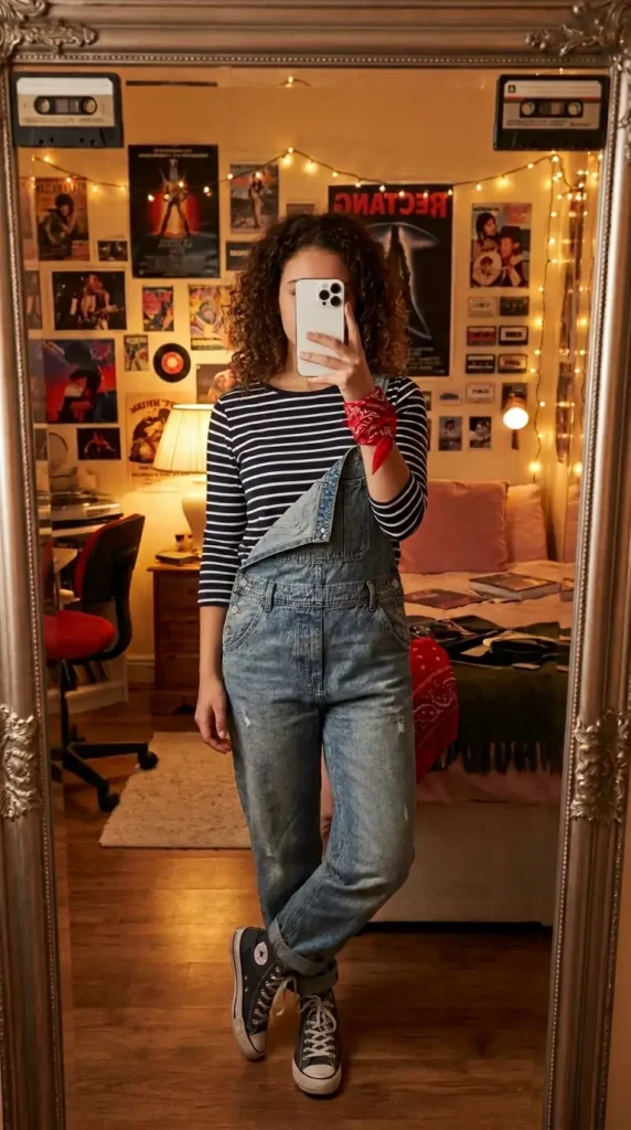 Denim overalls with one strap undone over a striped tee nailing the Ghostbusters-era Stranger Things 80s Eleven vibe.

