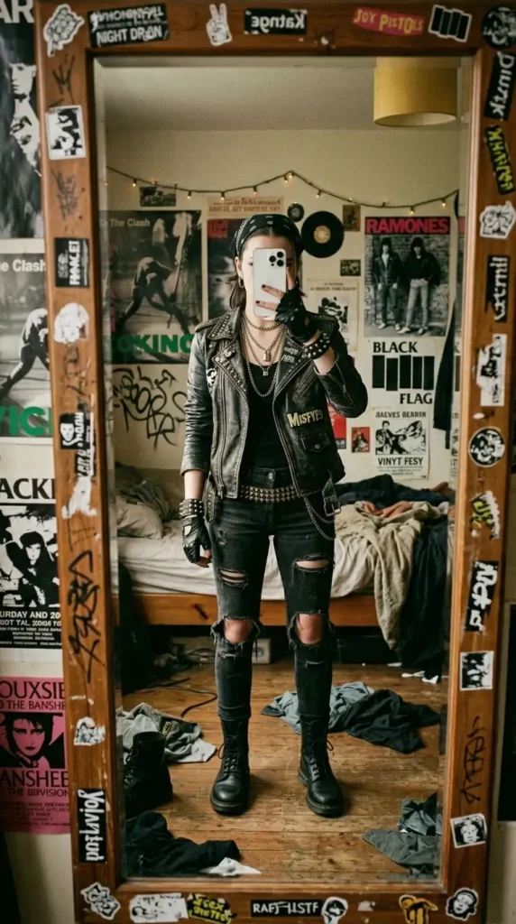 Punk leather jacket and ripped black jeans showing the darker side of Stranger Things outfit ideas 80s Eleven.
