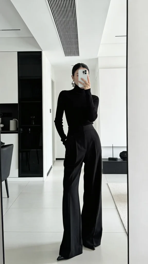Black classy wedding guest jumpsuit summer in minimalist high-neck turtleneck style.
