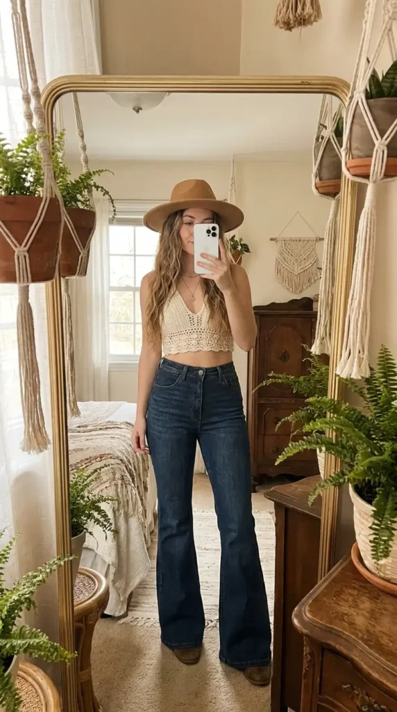 Dreamy 70s Boho Outfit Ideas: cream crochet crop top, dark bell-bottom jeans, wide-brim hat, and cowboy boots