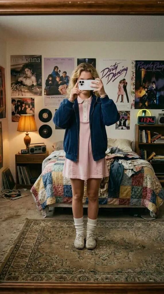 Nothing says Stranger Things outfit ideas 80s Eleven like this pink polo dress under a blue oversized bomber jacket.
