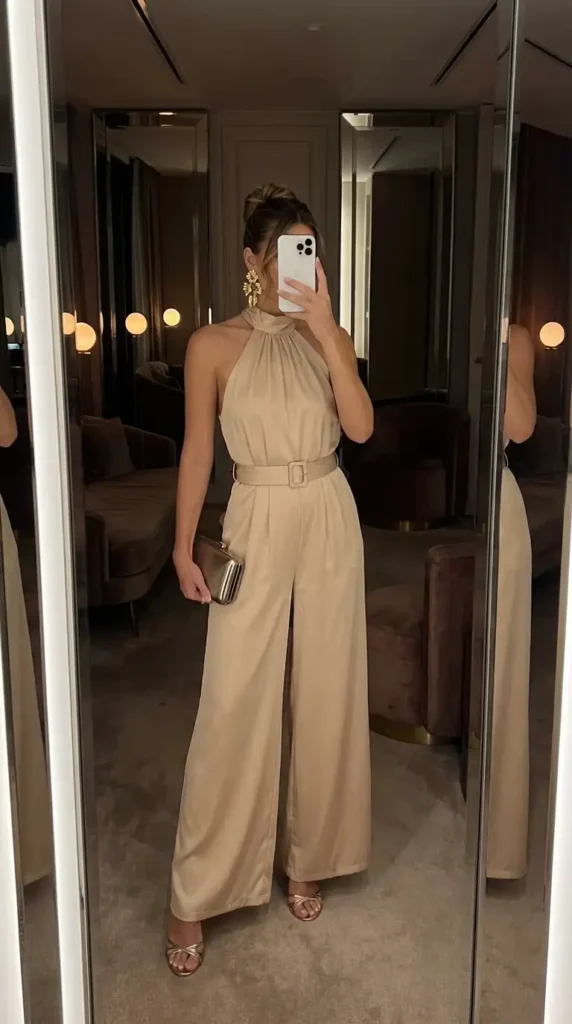Wedding guest outfit ideas: beige wide-leg halter jumpsuit with belt, gold clutch and heels.