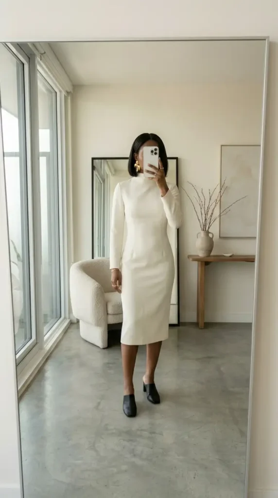 Ivory turtleneck crepe midi sheath dress — a minimalist take on an ethereal wedding outfit idea
