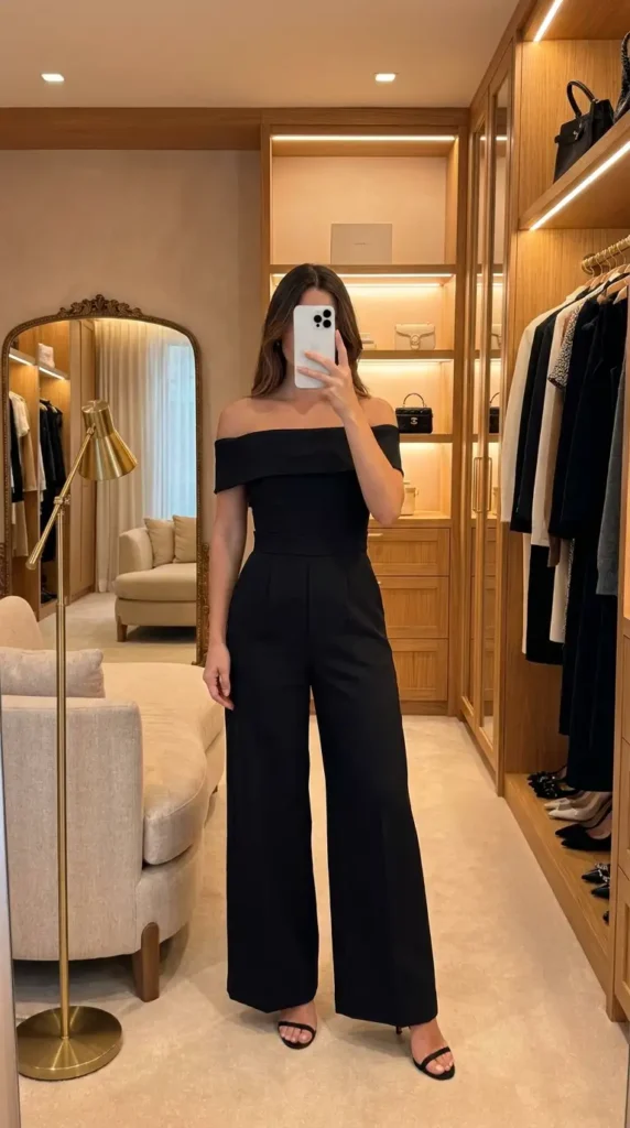Black classy wedding guest jumpsuit summer in off-shoulder structured wide-leg silhouette.
