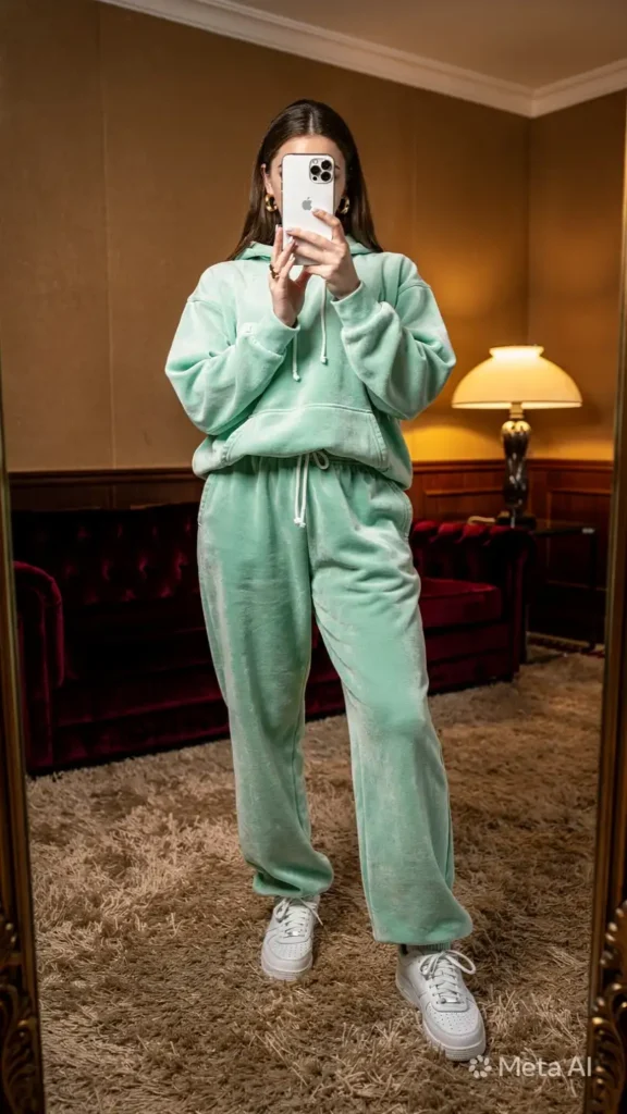 A full mint green velour tracksuit with white sneakers giving Stranger Things outfit ideas 80s Eleven cozy day energy.
