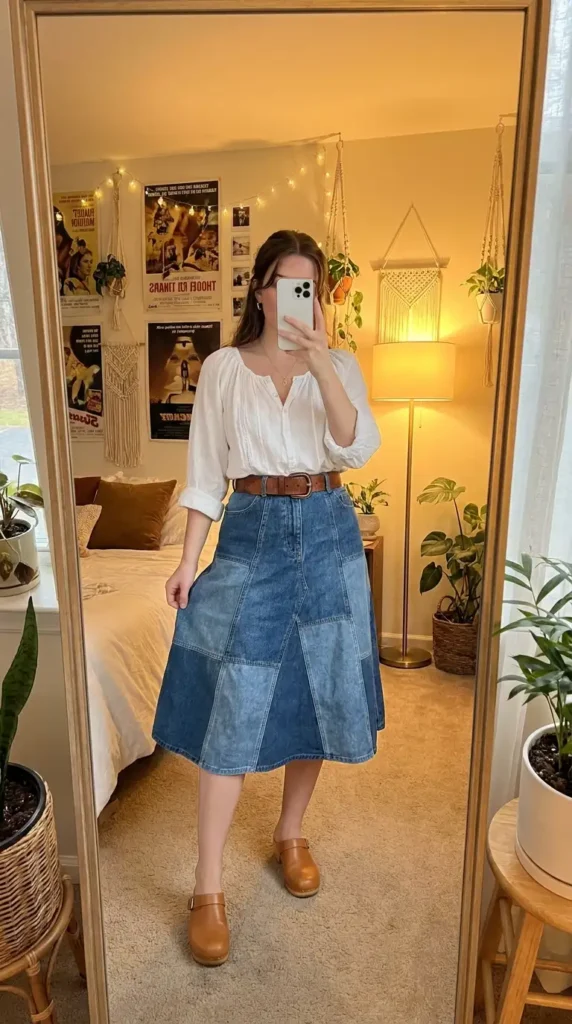 Dreamy 70s Boho Outfit Ideas: patchwork denim midi skirt with a white peasant blouse, brown belt, and mule clogs.
