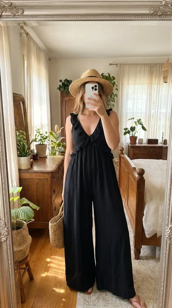 Black classy wedding guest jumpsuit summer with ruffle V-neck accent and wide casual legs.
