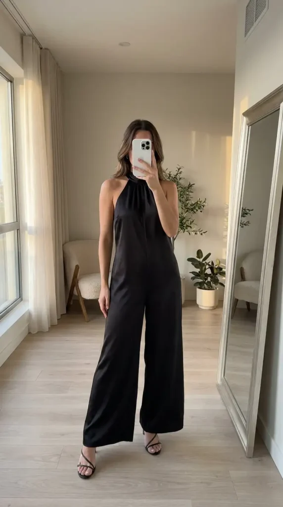 Black classy wedding guest jumpsuit summer in sleek satin halter neck and wide-leg cut.
